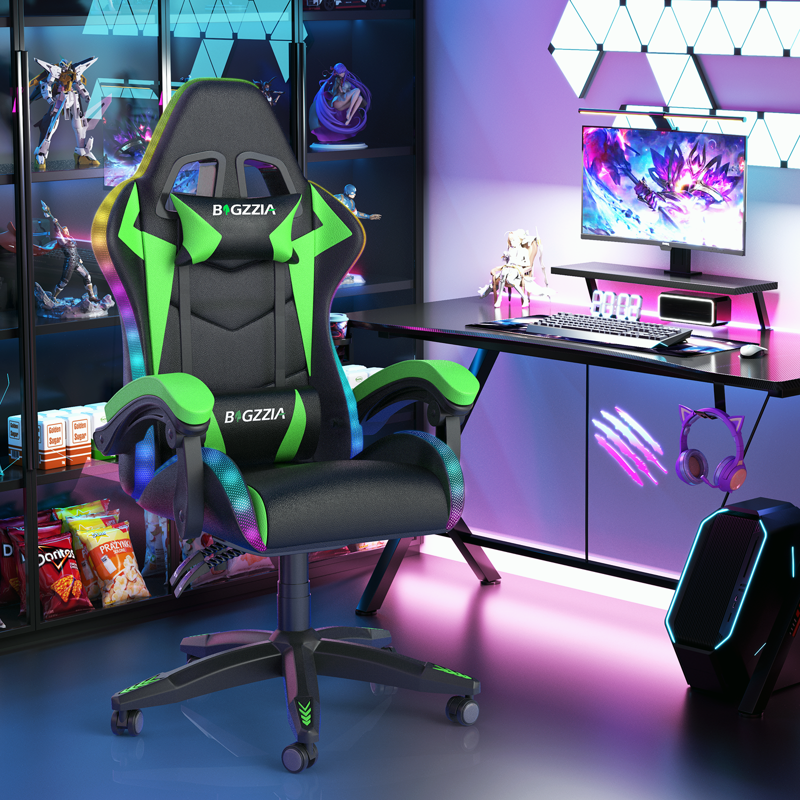 Bigzzia Gaming Chair with LED Lights Ergonomic Office Chair for Adults and Kids - Adjustable Height, 360° Swivel, Headrest Support, Mesh PU Leather, Black & Green