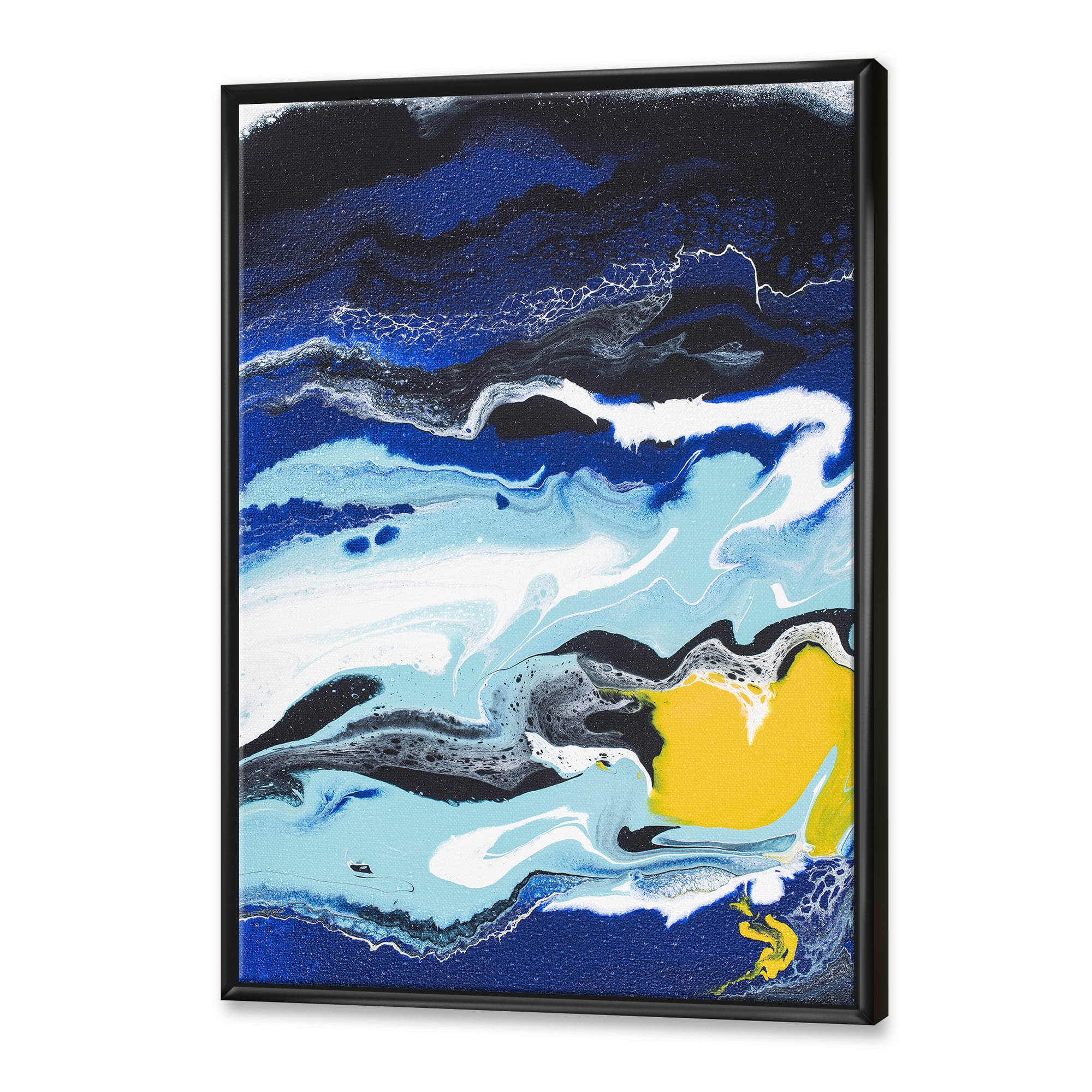 Designart 'Abstract Composition In Blue and Yellow VIII' Modern Framed Canvas Wall Art Print