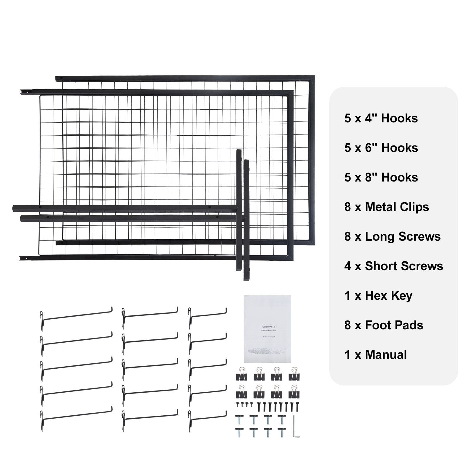 2 Pack Folding Gridwall Panel Display Towers 24.29×67.56 Inch, Freestanding Wire Grid Display Rack Holds up to 60 LBS, with Assorted Hooks & Clips for Retail Craft Fair Home Decor Organizer