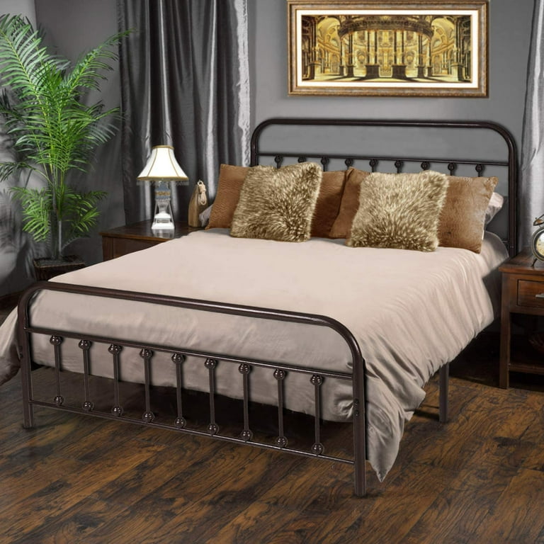 Waytrim Vintage Style Platform Metal Bed Frame Foundation Headboard Footboard Heavy Duty Steel Slabs Antique Brown Finish Queen Size