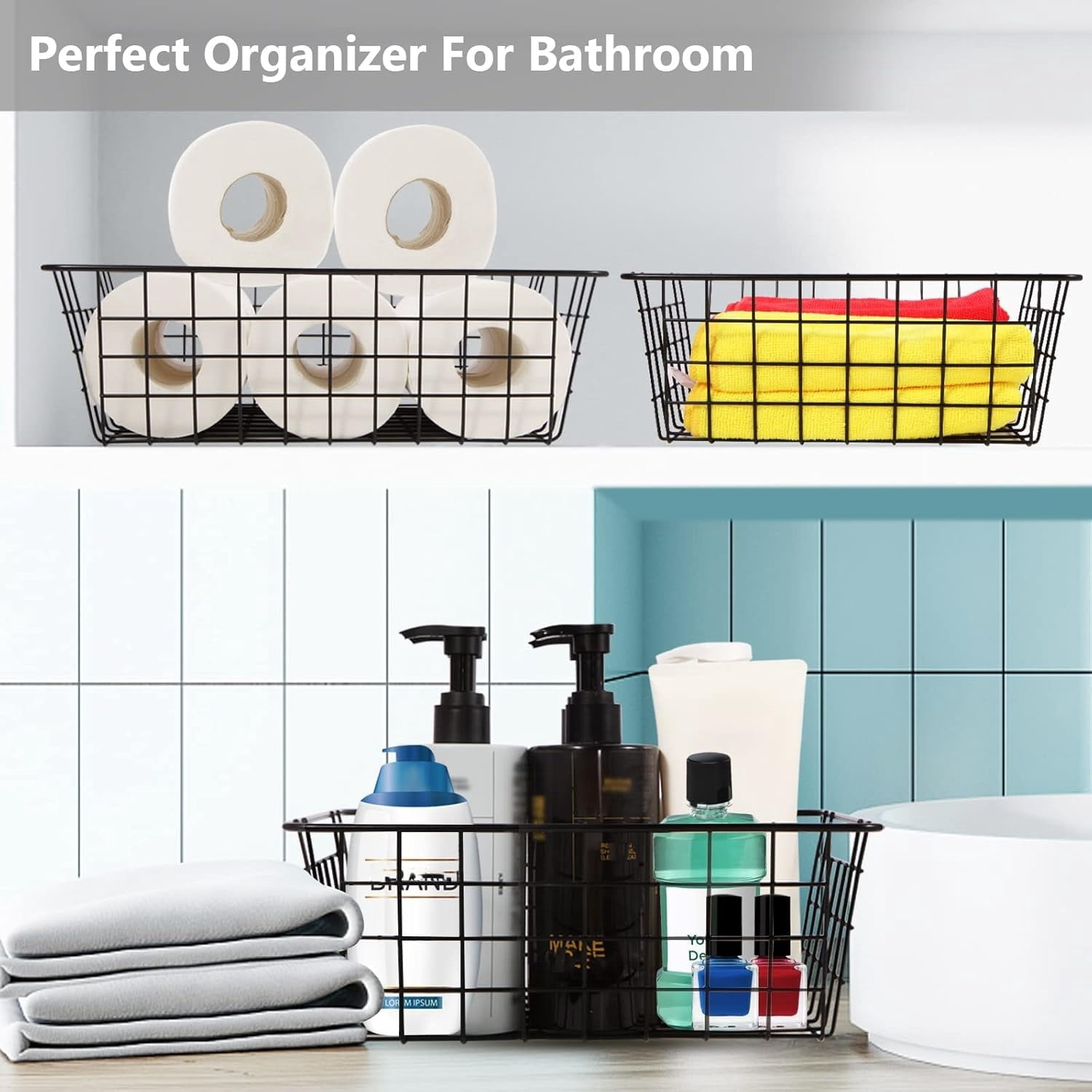 Wire Storage Baskets with Handles-Pack of 4 -Pantry Shelf Organization,Bathroom Metal Basket-Metal Kitchen Organizers and Storage Baskets for Pantry, Freezer, Cabinet -Black，11 x 8.58 x 4.72 Inches