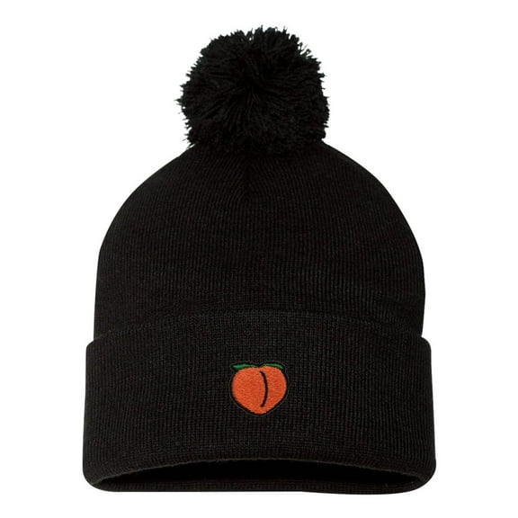 Adult Peach Embroidered Knit Beanie Pom Cap