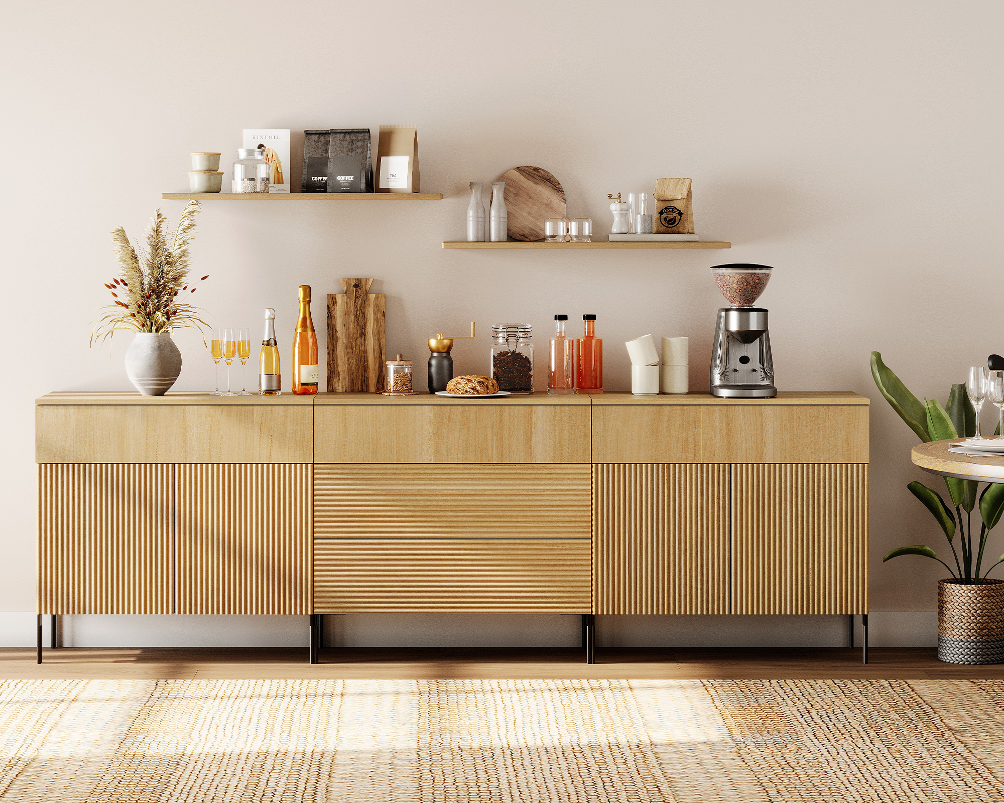 94.5" Modern Reeded Minimalist Sideboard with Doors and Drawers, 3-In-1 Wooden Credenza Storage Cabinet for Kitchen, Dining Room