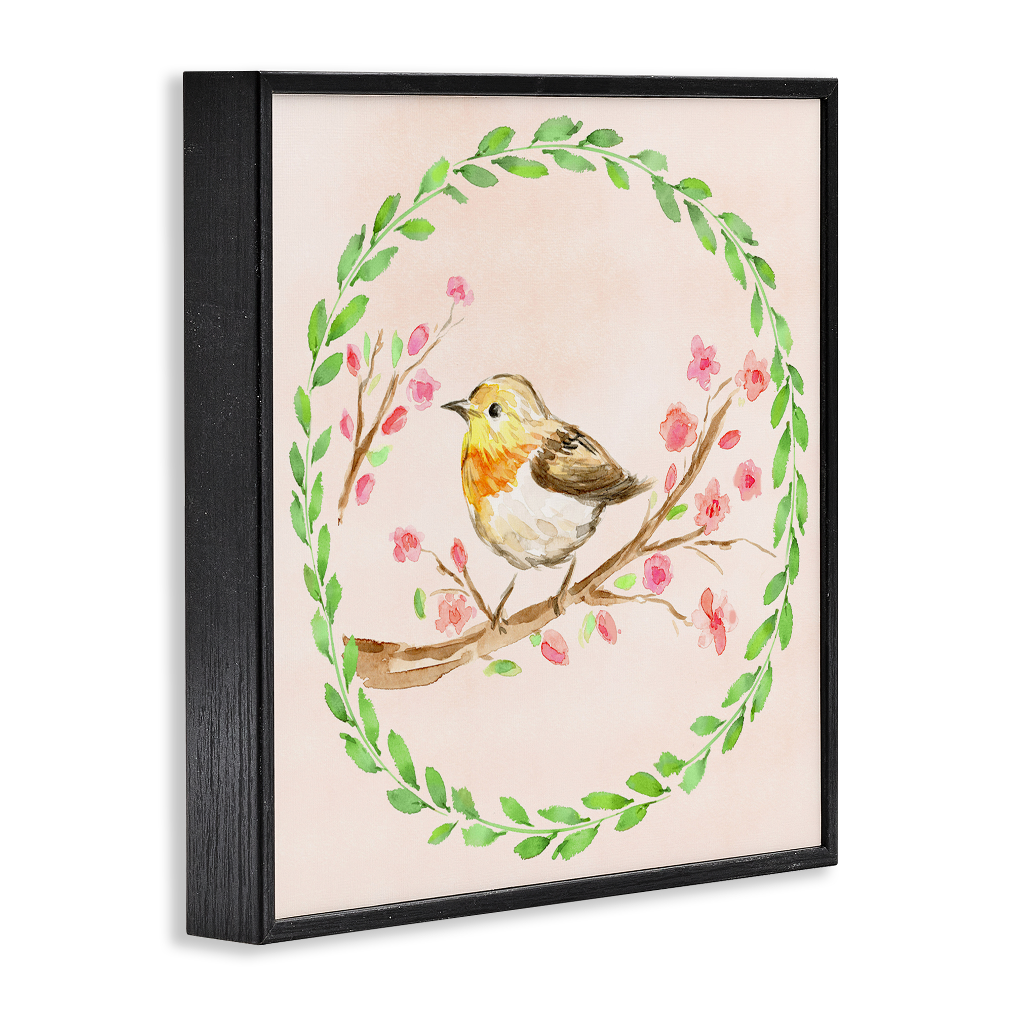 Spring Wreaths Bird Black Framed Giclee Art, design by Elena Fay