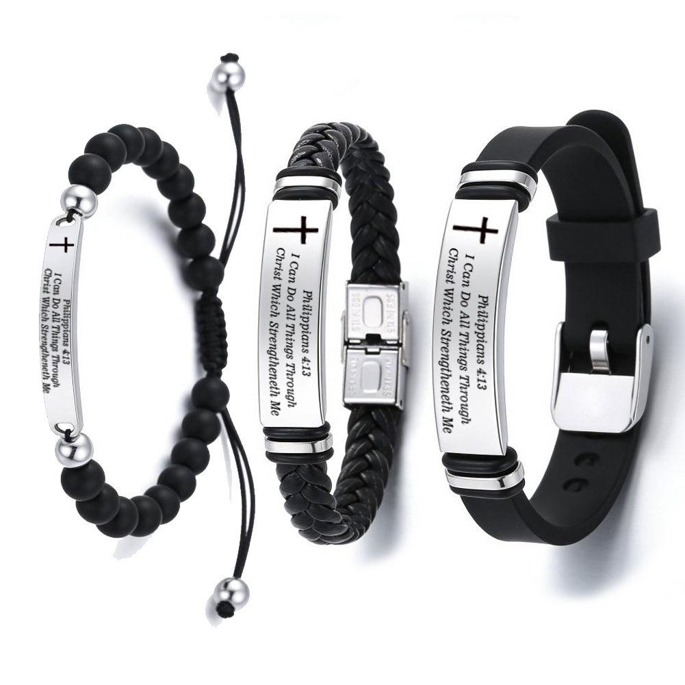 3 Packs Bible Verse Bracelet Set for Men Women,Custom Engraving Adjust Silicone Wristband Leather Chain ID Bracelets Inspirational Stackable Wristbands Jesus Cross Scripture Jewelry