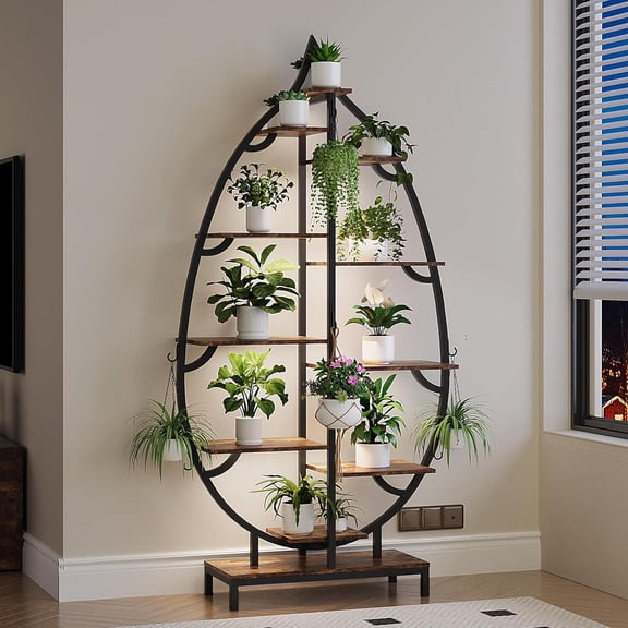 63" Plant Stand Indoor with Grow Lights, 10-Tier Leaf-Shaped Metal Plant Shelf, Large Flower Rack for Multiple Indoor Plants, Modern Corner Plant Rack for Living Room & Balcony, Brown