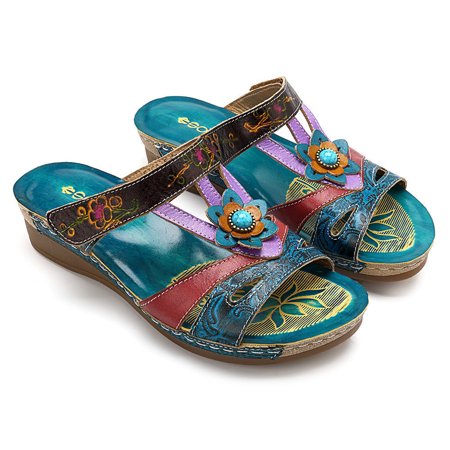 

Female Clip Toe Sandals Slope Heel Flip Flops with Ethnic Style Decoration