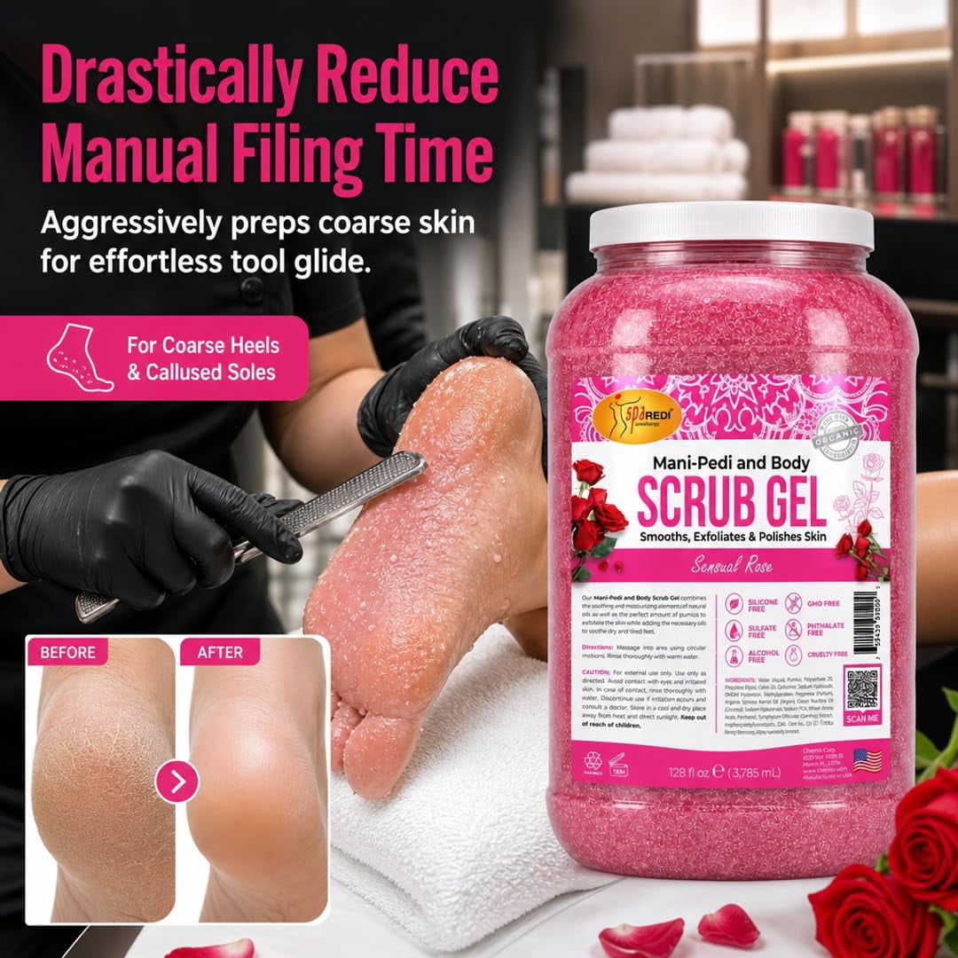 SPA REDI – Sensual Rose Pumice Scrub Gel, Exfoliating, Hydrating & Nourishing, Infused with Hyaluronic Acid, Amino Acids, Panthenol and Comfrey Extract for Glowy Smooth Skin – 128oz Gallon