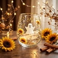 thumbnail image 6 of Cute Ghost Sunflower Stemless Wine Glass, Gold Rim Floral Ghost Print Clear Glass Cup, Fall Halloween Decorative Tumbler for Coffee Juice Wine Home Party Gift, 6 of 7