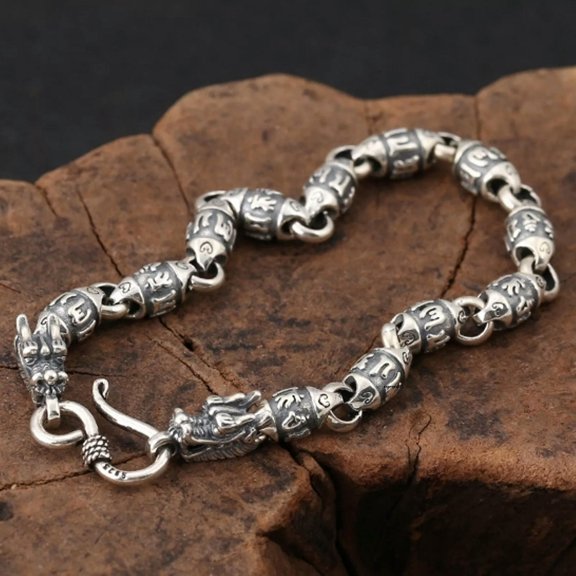 HOOUN Solid 925 Sterling Silver Chain Men Dragon Mantra Beads Link Bracelet 17g/8.2in