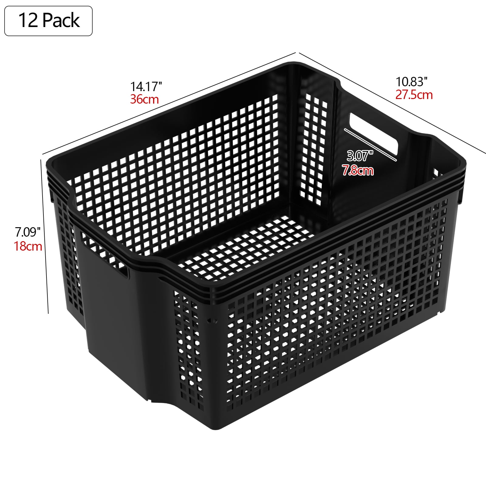 Qqbine 12 Packs Plastic Stackable Storage Baskets, Large Storage Plastic Basket, Black