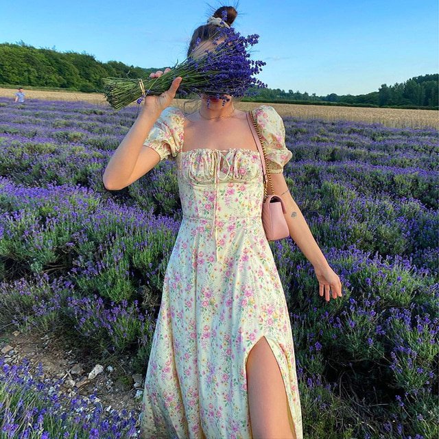Vestido de verano para mujer, manga corta de soplo, estampado floral, fiesta con pliegues, alta división, vestidos largos largos con cordón, vestido de verano sexypangjing