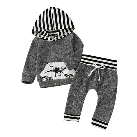 

Kucnuzki 12 Months Baby Boy Winter Outfits Pants Sets 18 Months Long Sleeve Contrast Stripe Prints Hooded Sweatshirt Tops Elastic Pants 2PCS Set Gray