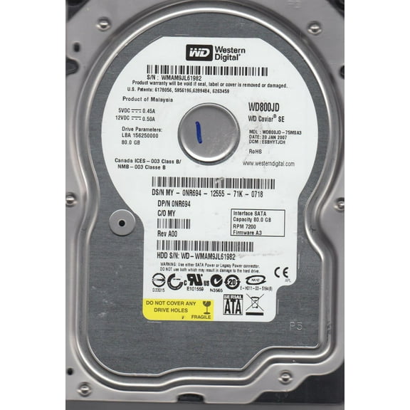 WD800JD-75MSA3, DCM ESBHYTJCH, Western Digital 80GB SATA 3.5 Hard Drive