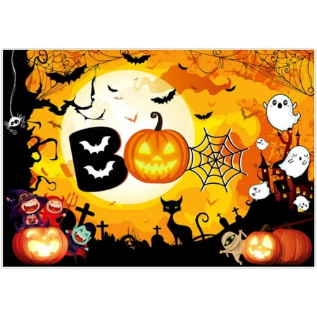 

84 x 59 Halloween Birthday Backdrop Orange Ghost Boo Themed Bday Party Decoration Supplies Hallowmas Cute Spooky Pumpkin Decor Banner Cake Table Photo Booth Prop