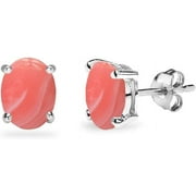 Gemstar USA Sterling Silver Simulated Coral Stud Earrings - Elegant 6x4mm Prong-set Jewelry for Day and Night