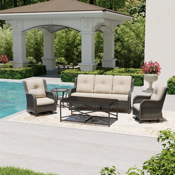 Joyside 5 Piece Wicker Patio Set with 3-Seat Sofa, 2 Swivel Rocker Chairs, Side Table & Coffee Table, Outdoor Furniture Sectional Conversation for Deck Porch, Beige