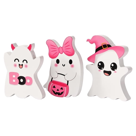 Set of 3 Cute Wooden Ghost Tabletop Decor – Halloween Signs with Witch Hat and Pumpkin Basket for Home, Room, and Tray Display