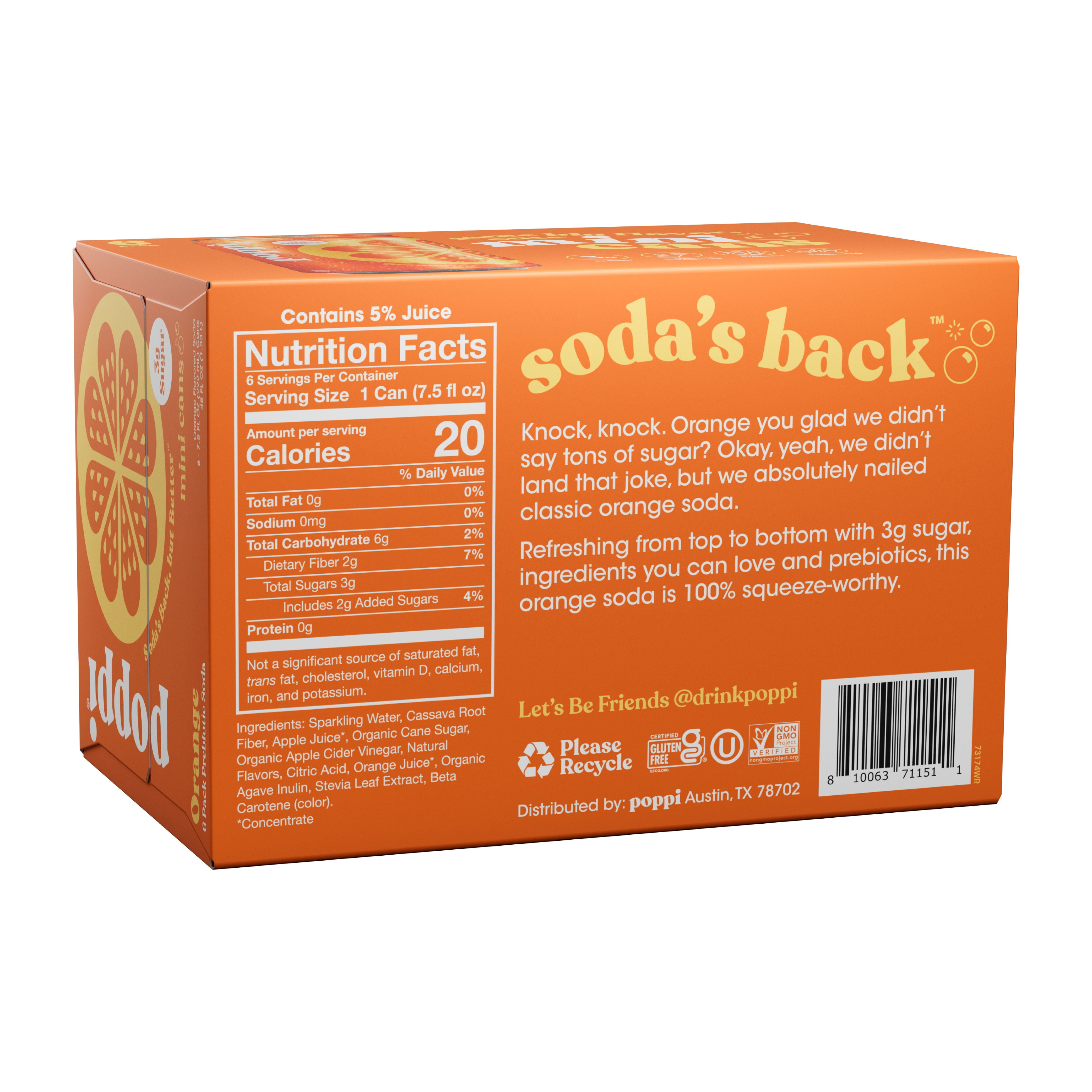 poppi Orange Prebiotic Soda Mini Can, 7.5 fl oz Can, 6 Pack Cans