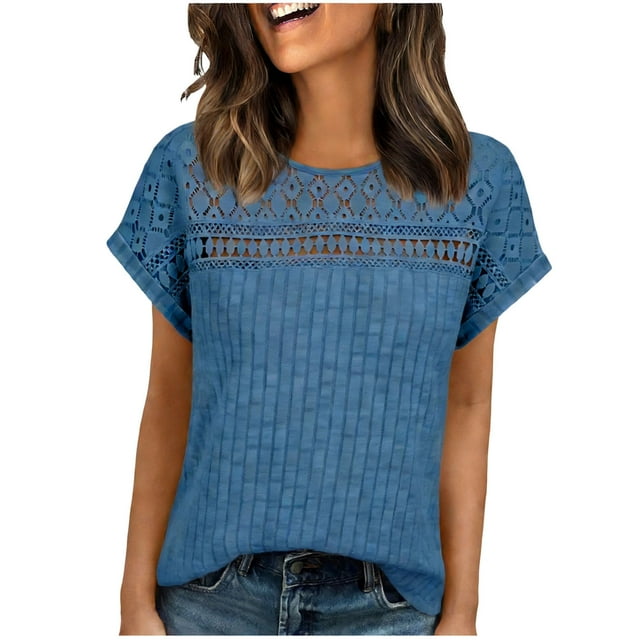 TaTaai 2026 Summer Women’s Ribbed Sheer Trim Tee Short Sleeve Loose Blouse Casual Solid Color Fashion Top Brushed Patchwork Polyester Daily Shirt Gift