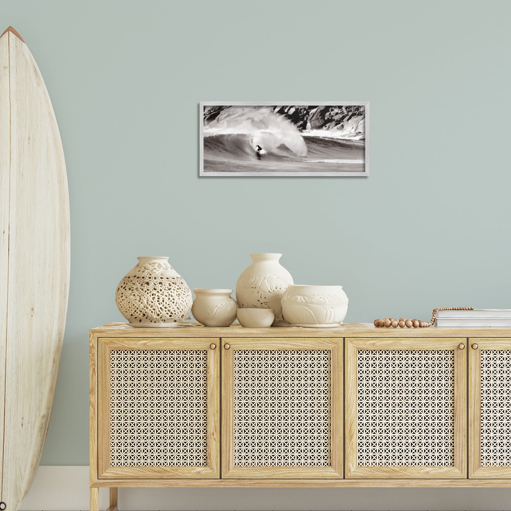 Stupell Industries Surfing Reef Break Coastal Photography Gray Framed Art Print Wall Art, 24 x 10