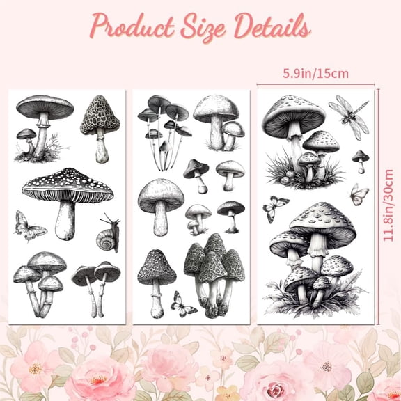 Rub on Transfer Decal Sticker for Furniture Craft Decor 6"x12" Vintage Black and White Mushrooms 3Pcs Waterproof UV DTF Transfer for Drawer Dresser Glass Porcelain Wood Plastic Window