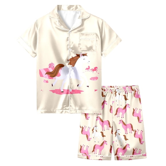 CONROSES Girls Pajama Set Cartoon Horse Graphic Short Sleeve Pjs Tops Shorts Loungewear Sets Cozy Nightwear Sleepwear