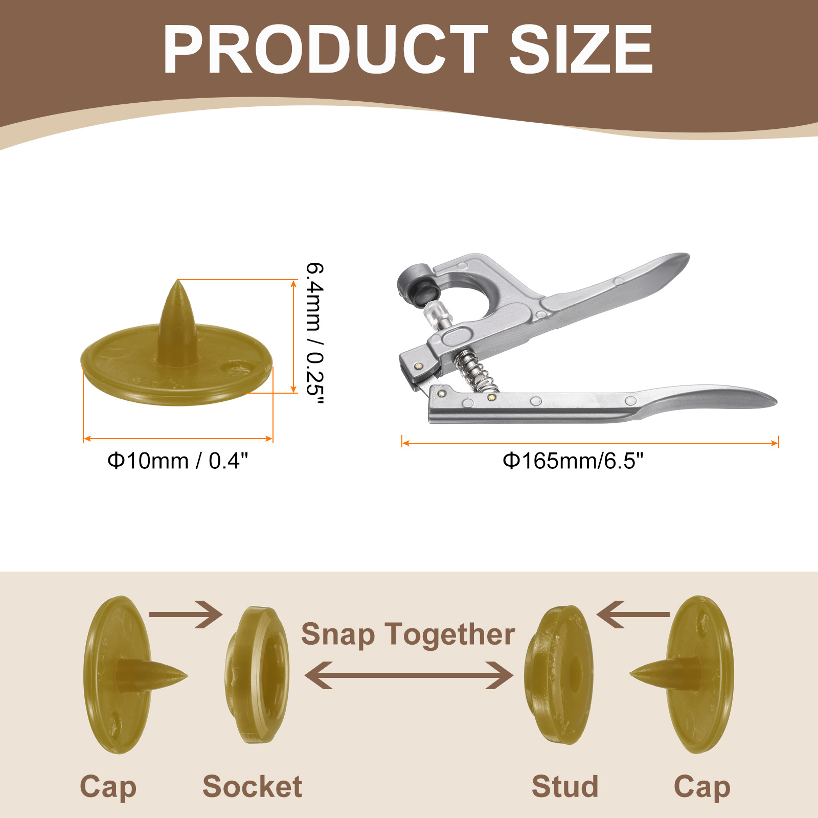 Uxcell Plastic Snaps Fasteners with Snap Pliers, 200 Set T3 Round Resin No-Sew Button Snap Fasteners Kit Coffee