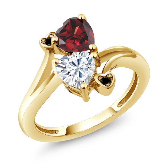 Gem Stone King 18K Yellow Gold Plated Silver Red Garnet White Moissanite and Black Diamond Ring for Women (1.83 Cttw, Heart Shape 6MM, Gemstone January Birthstone, Size 7)