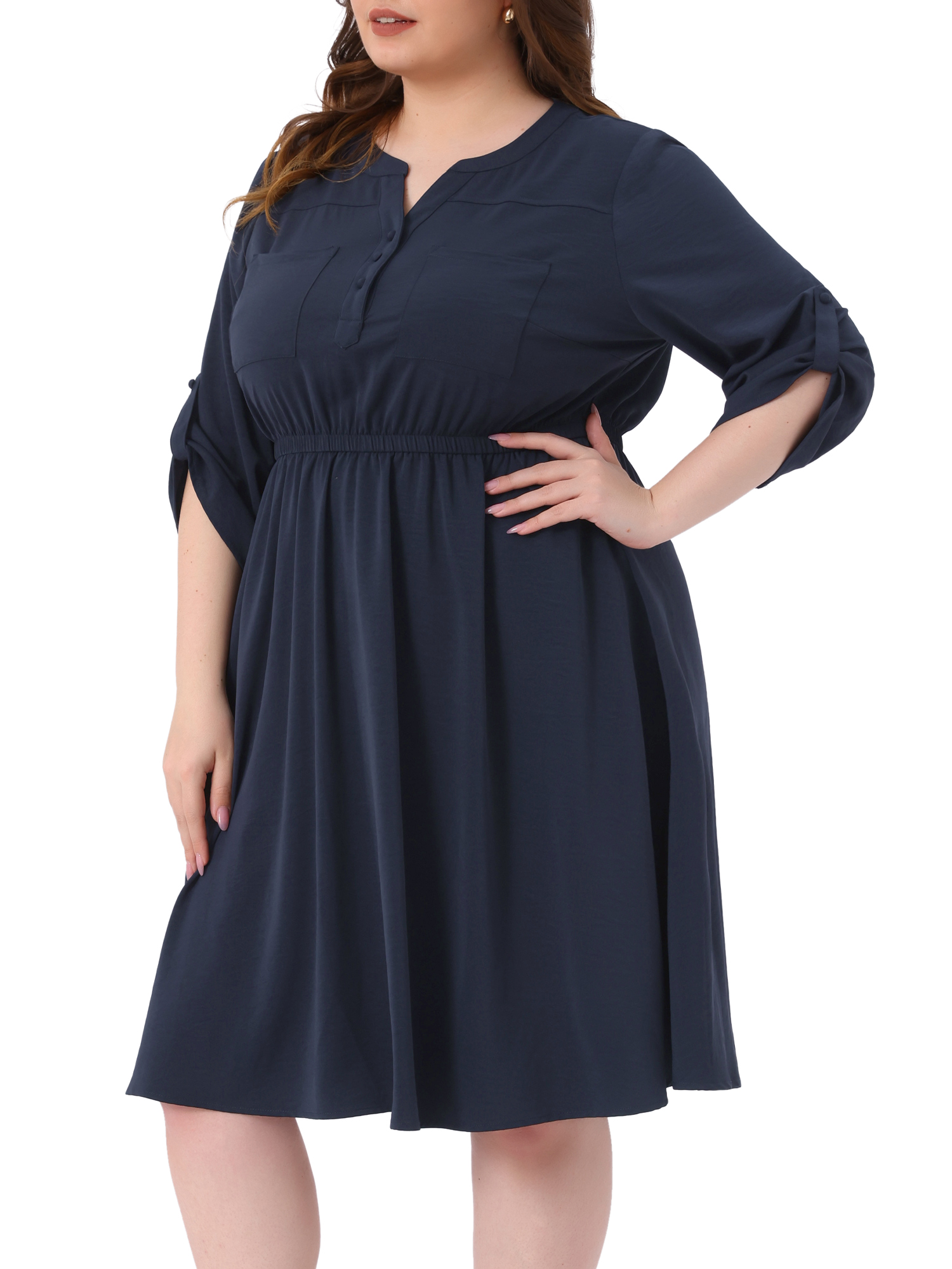 DARING DIVA Plus Size Notch 3/4 Rolled Sleeve Button Midi Shirt Dress 2X Navy Blue