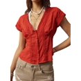thumbnail image 2 of Women'S Lace Trim V Neck Blouse Short Sleeve Shirred Shirt Tops Summer Vacation Clothes Orange Color XL, 2 of 8