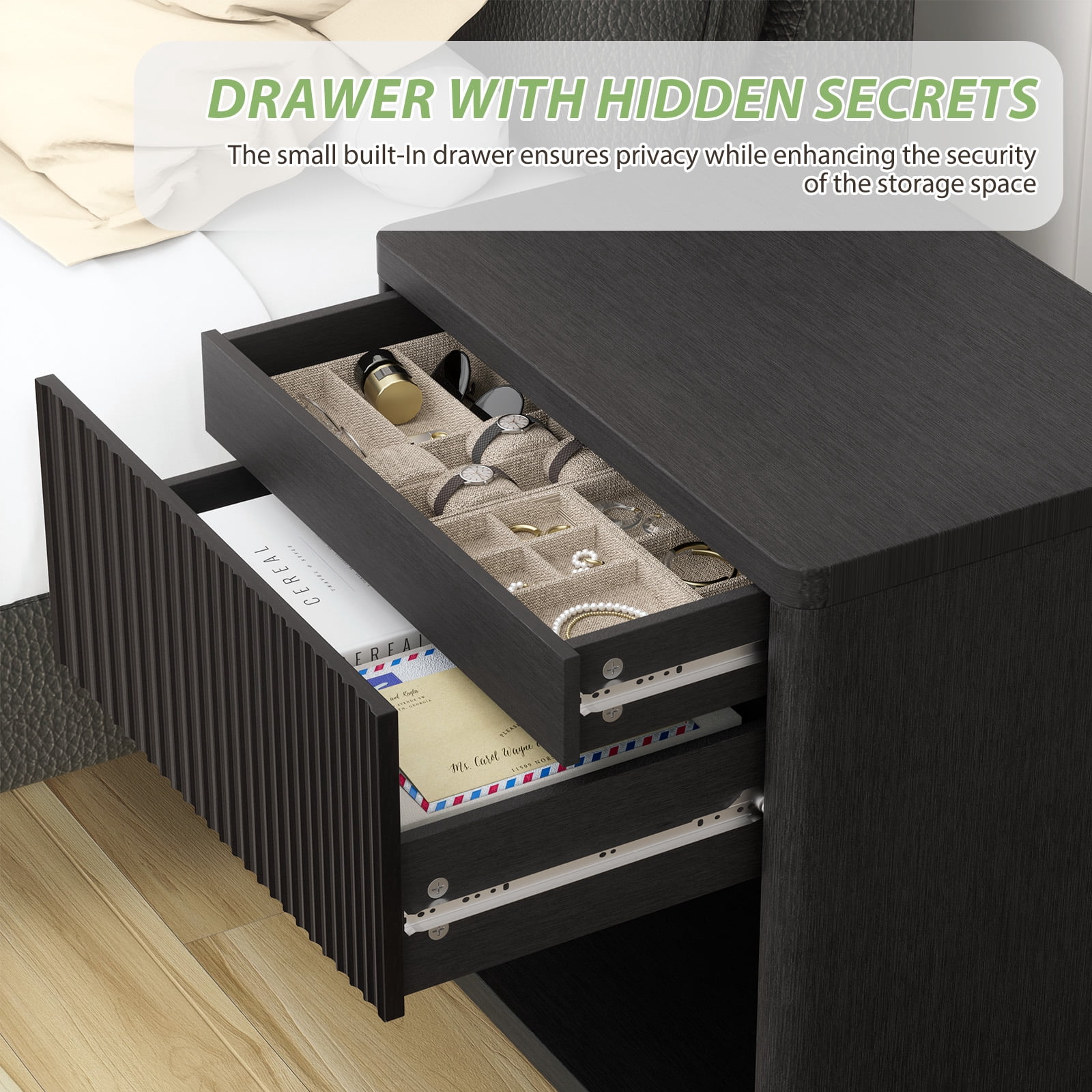 Brafabhome Fluted Nightstands with Drawers, Modern Bedside Table with Hidden Drawer, Accent End Table with Storage Shelf for Bedroom Living Room, Set of 2 | Black