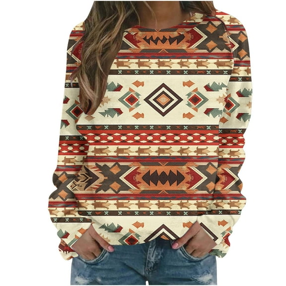 successthop Crewneck Sweatshirts Oversized Women Aztec Raglan Long Sleeve Sweater No Hood Pullover Top Print Clothes Red