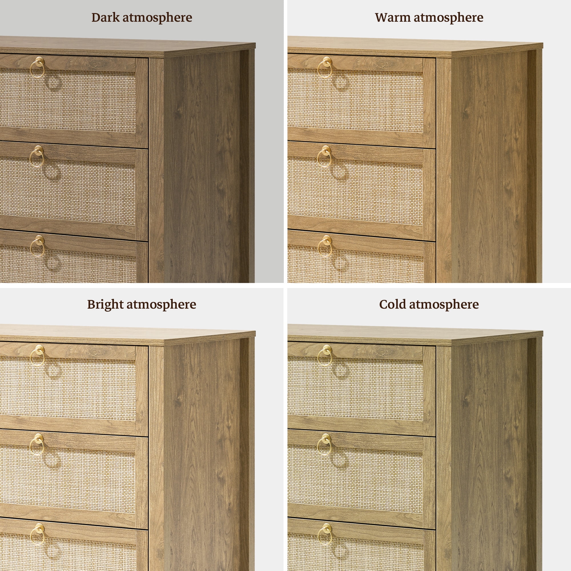 SICOTAS 51.14" Wide 6-Drawer Rattan Dresser Set of 2, Long Boho Chest of Drawers with Gold Handle for Bedroom, Coastal Bedroom Furniture in Cherry Oak