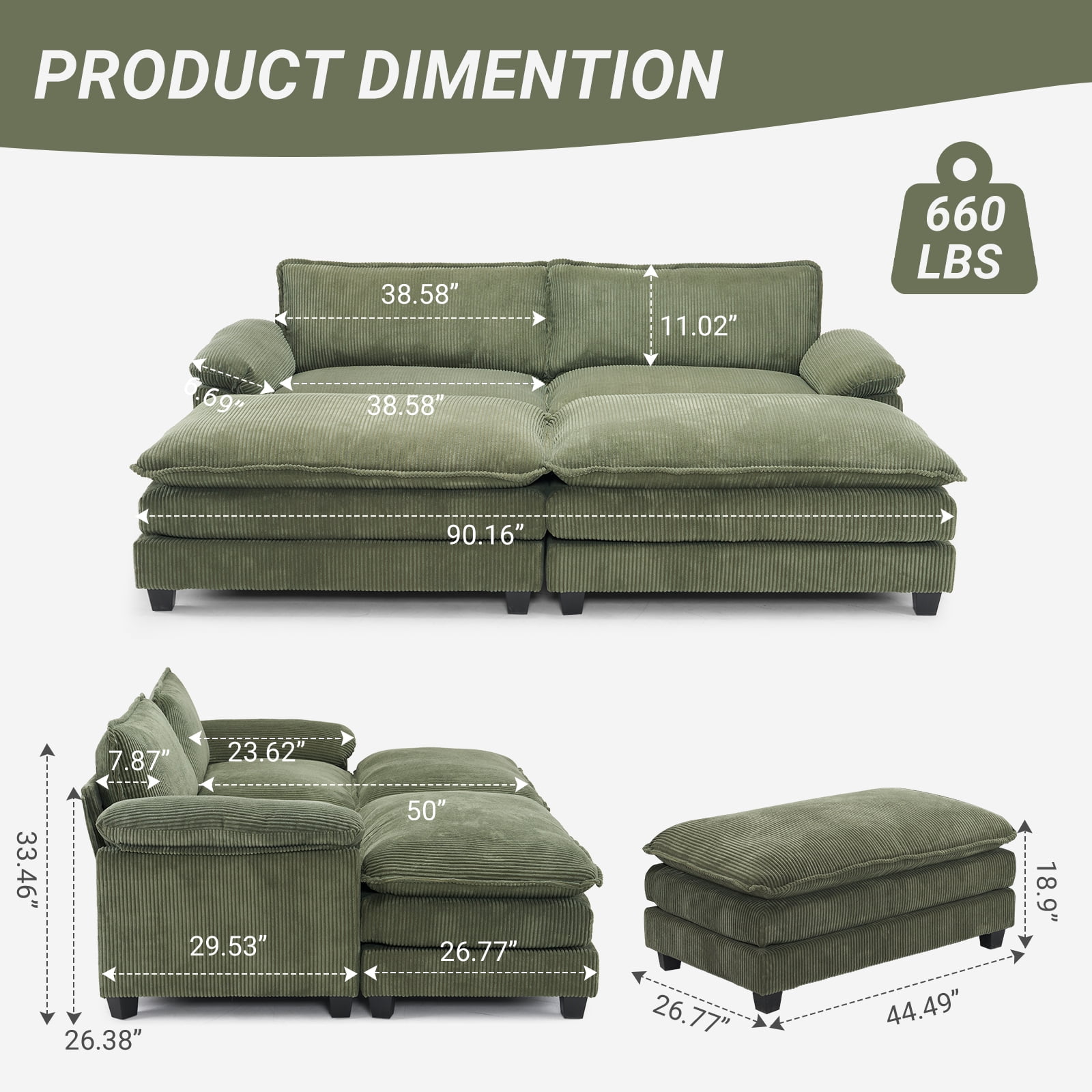 Zimtown 90" Sofa Bed Couch with Pillow Arms and Double Layer Cushions, Corduroy Loveseat Sofa with Removable Ottoman for Living Room, Green