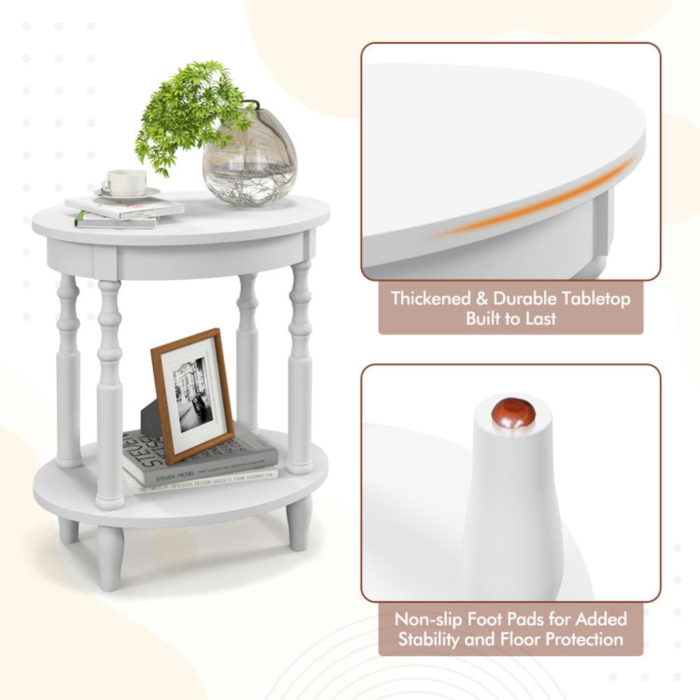 Finihen End Table, Oval End Table, 2-Tier Oval Side Table with Storage Shelf and Solid Wood Legs, Sofa Side Table, Bed Side Table, for Living Room, Bedroom, White Finihen End Table, Oval End Table, 2-Tier Oval Side Table with Storage Shelf and Solid Wood Legs, Sofa Side Table, Bed Side Table, for Living Room, Bedroom, White