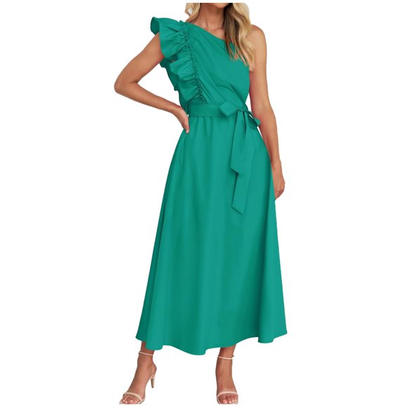 Wyzesi White Dresses for Bridal Shower Women's Summer One Shoulder Ruffle Dress Sleeveless Boho Flowy Maxi Dresses Christmas Pajamas Costume