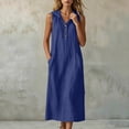 thumbnail image 5 of ClodeEU Women's V Neck Sleeveless Linen Blend Hooded Midi Dress,Casual Loose Fit Dress with Pockets Blue,Women's Plus XXL, 5 of 7