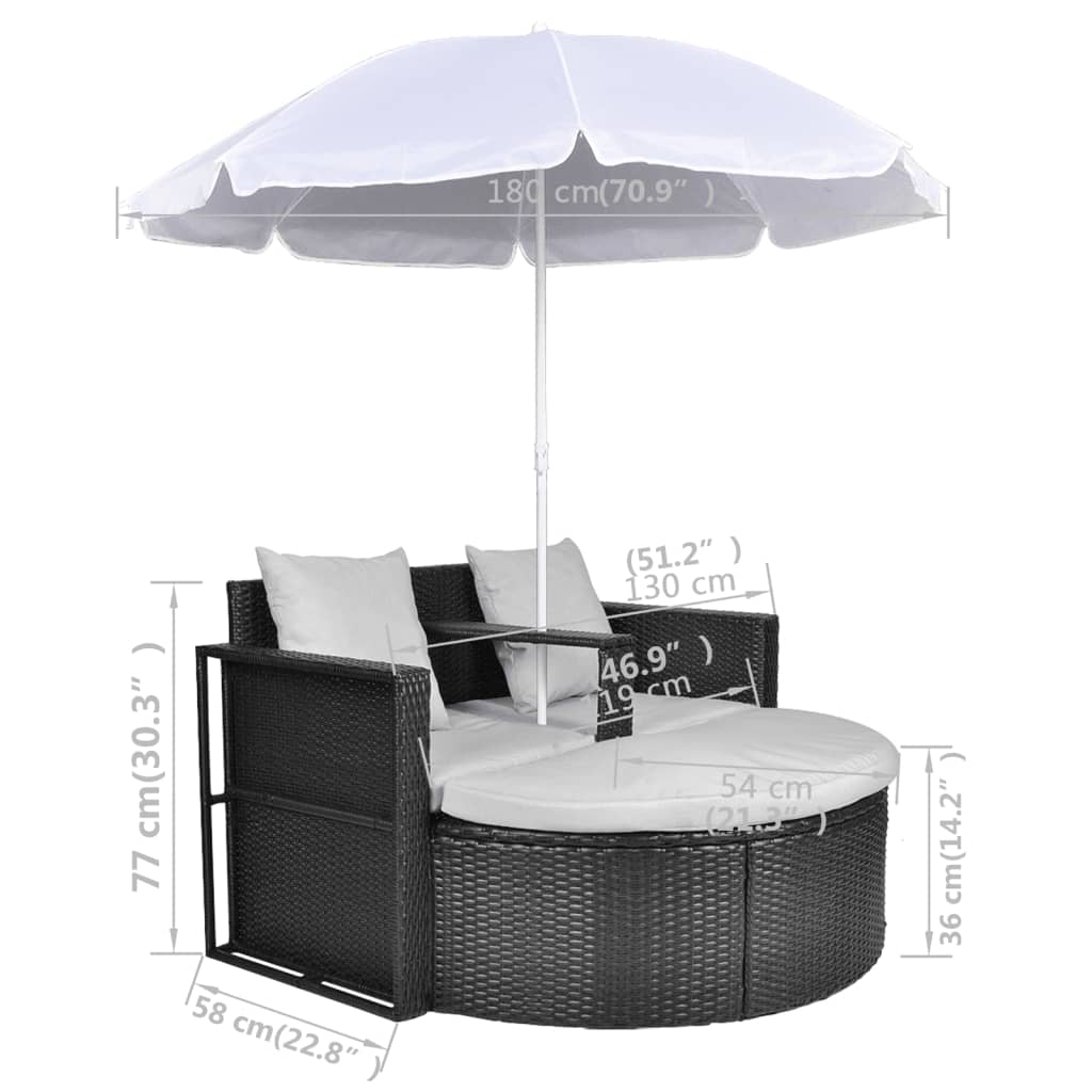 vidaXL Patio Bed Outdoor Patio Lounger Wicker Daybed with Parasol Poly Rattan - image 4 of 16