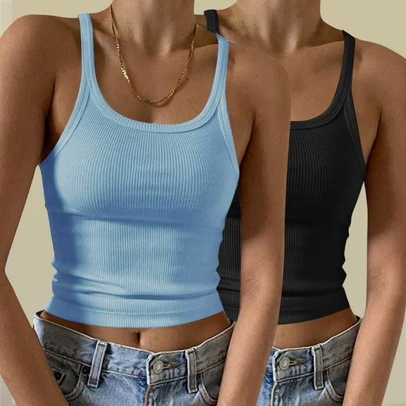 QUINDOS Ribbed Tank Tops for Women 2 Pack Summer Athletic Camisoles for Women Plus Multi Pack Spaghetti Strap Sleeveless Gym Crew Neck Cami Tops Slim Fitted Solid Color Undershirts