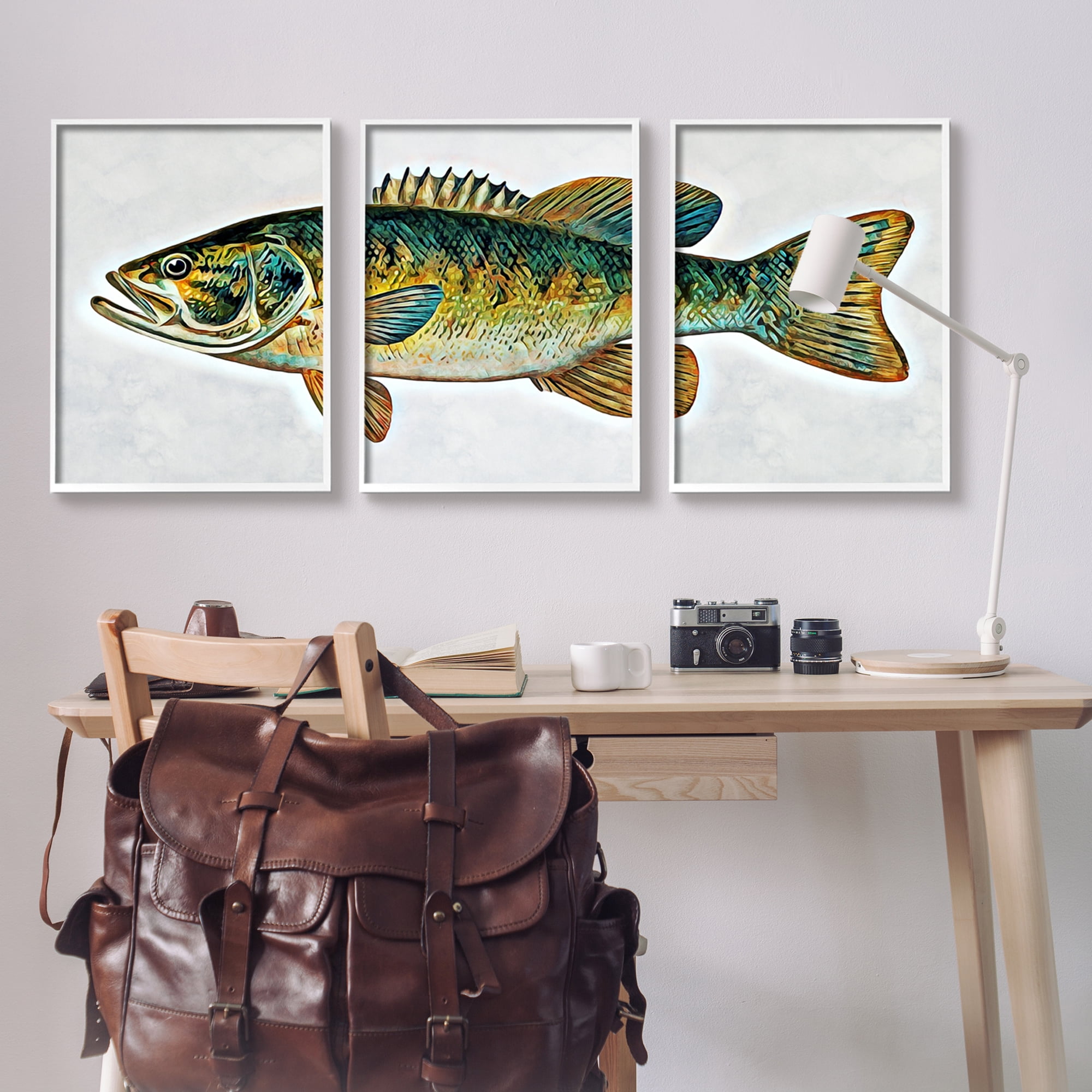 Stupell Lake House Bass Fish Wildlife Animals & Insects Painting White Framed Art Print Wall Art, Set of 3