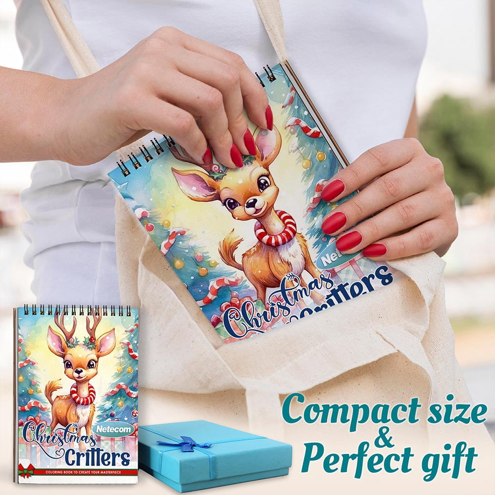 Netecom Christmas Critters Coloring Book Spiral Bound for Adults, A5 Wooden Cover, 30 Adorable Coloring Pages of Festive Animals for Stress Relief and Relaxation
