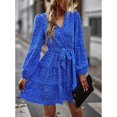 thumbnail image 2 of Vestido midi de manga larga con escote en V y flores de color azul con lazo en la cintura para primavera/otoño, 2 of 8