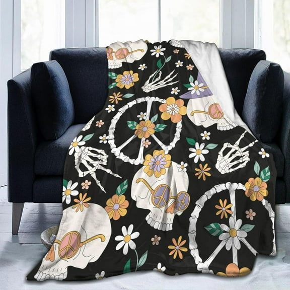 Hippie Groovy Halloween Skull Blanket, Soft Blankets Flannel Bed Throw Cozy Lightweight Plush Gifts for Women Men Boys Girls Sofa Couch Bedroom Living Rooms Warm All Season, Home Decor, Small 50"x40"