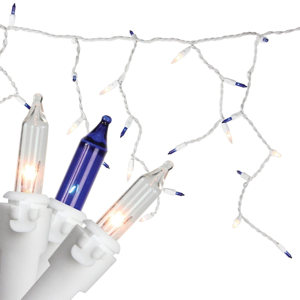 Set of 100 Blue & Clear Mini Icicle Christmas Lights 3" Spacing White Wire