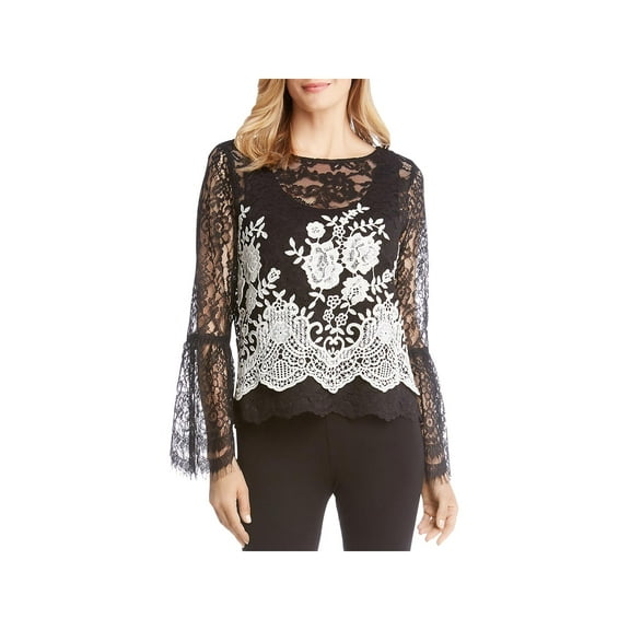 KAREN KANE Women's Colorblock Bell Sleeve Border Lace Top, Black, X-Small