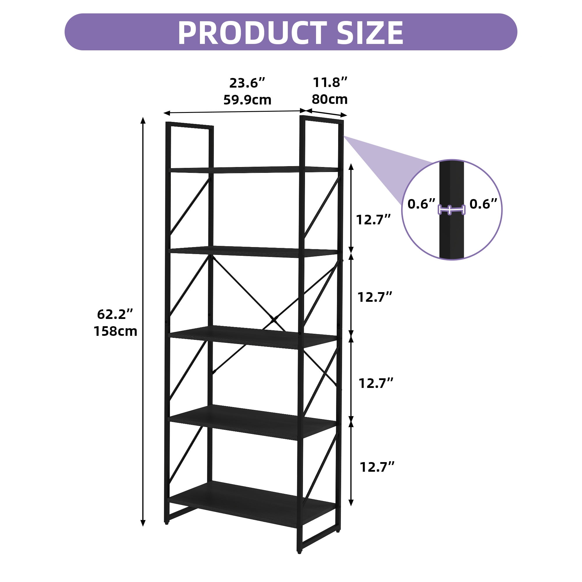 Uforic 5 Tier Bookshelf, Classic Home Office Bookcase Storage Organizer, Free Standing Book Rack,Black