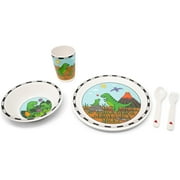 Dinosaur Bamboo Dish Set by Jack Rabbit Creations – 5 Piece Dinnerware Set Includes Bowl, Plate, Tumbler, Fork and Spoon – Dishwasher Safe – Eco-friendly & BPA Free – Utensils for Toddlers and Kids