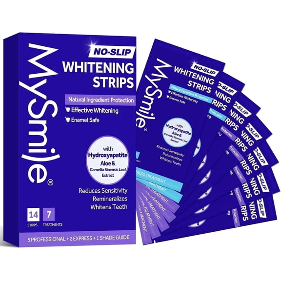 MySmile Teeth Whitening Strips for Teeth Sensitive, 10% Hydroxyapatite-Infused, Enamel Safe, Non-Slip Teeth White Strips, Residue-Free, Tooth Stains Remover, Includes Natural Formula, Mint, 14pcs