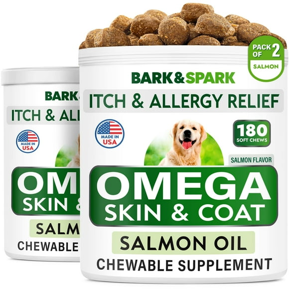 Bark&Spark Omega 3 for Dogs - 360 Fish Oil Treats for Dog Shedding, Skin Allergy, Itch Relief, Hot Spots Treatment - Joint Health - Skin and Coat Supplement -